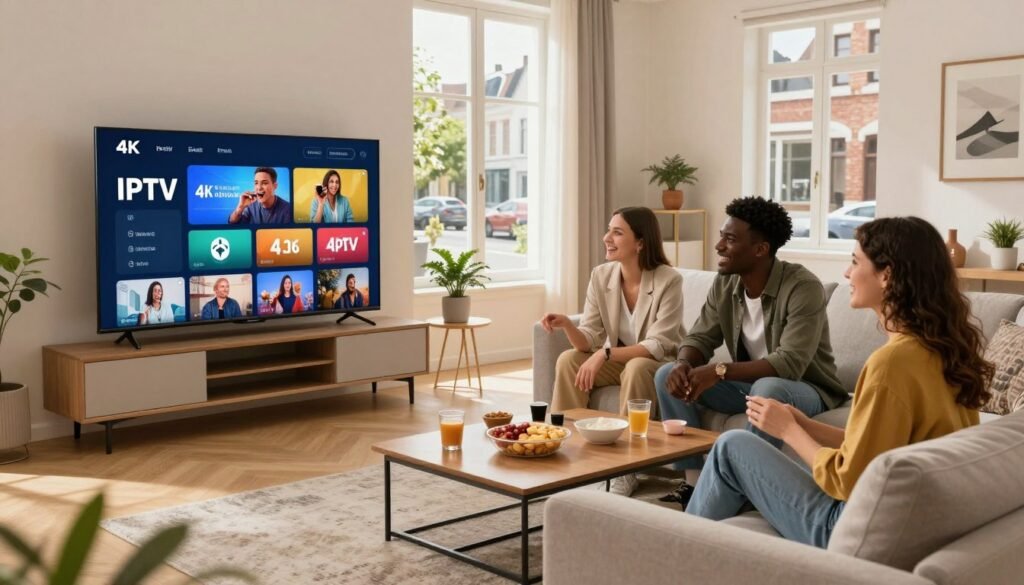 A modern living room in Belgium featuring a large flat-screen TV displaying a vibrant 4K IPTV interface. In the foreground, a diverse group of three friends casually dressed in professional attire are gathered around a coffee table with snacks and drinks, smiling and engaged in watching their favorite shows. The middle ground shows a stylish sofa and contemporary decor, with a small plant on a side table, creating a cozy atmosphere. The background includes large windows allowing natural light to fill the room, with a view of a sunny Belgium street. The image conveys a sense of enjoyment and community, highlighting the advantages of IPTV streaming in 2026. Use bright, warm lighting to enhance the inviting mood, with a slightly wide-angle perspective to capture the entire scene.
