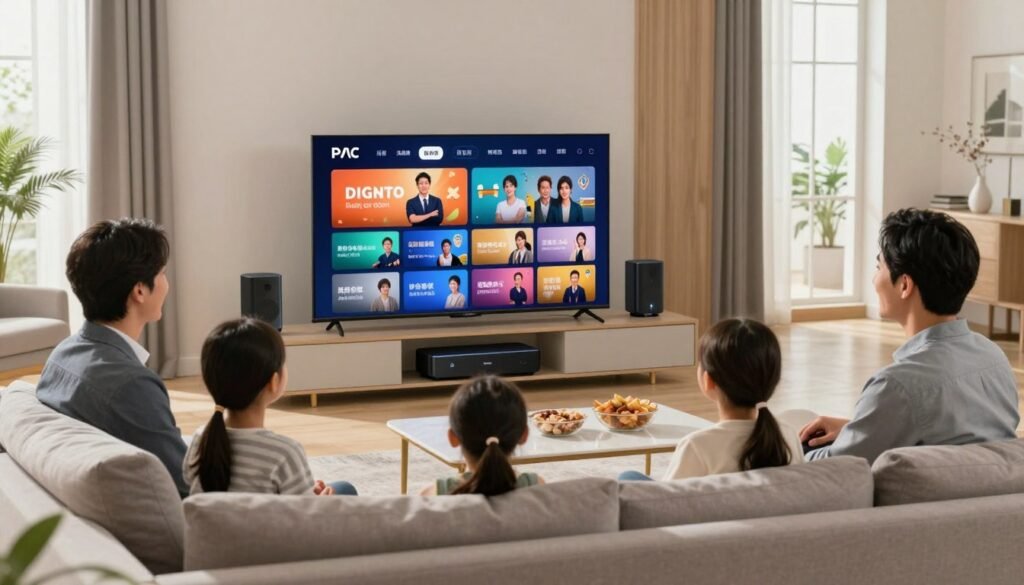 A modern living room showcasing a family gathered around a sleek smart TV, immersed in their IPTV experience. The foreground features a comfortable sofa with a couple of adults in professional attire, smiling and engaged with the TV. In the middle, a stylish television displays vibrant IPTV content, surrounded by high-tech streaming devices and a neatly arranged coffee table with snacks. The background reveals a tastefully decorated room with subtle Belgian decor, large windows allowing soft natural light to flood in, creating an inviting atmosphere. The overall mood is cozy and connected, highlighting the appeal of IPTV entertainment in a contemporary home setting.