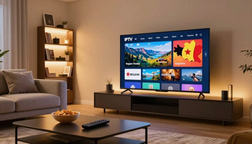 A sleek, modern living room interior showcasing a large, high-resolution 4K television displaying an IPTV interface featuring vibrant Belgian landscapes and popular streaming options. In the foreground, a stylish coffee table holds a remote control and a bowl of snacks, creating a cozy atmosphere. In the middle, a comfortable sofa is adorned with plush cushions, inviting viewers to enjoy the streaming experience. The background is softly illuminated by warm, ambient lighting, highlighting a wall-mounted bookshelf filled with technology magazines and decorative items reflecting Belgian culture. The scene captures a relaxed yet sophisticated vibe, emphasizing the allure of high-quality IPTV services in Belgium. Use soft focus and a slightly tilted angle to enhance the visual appeal.