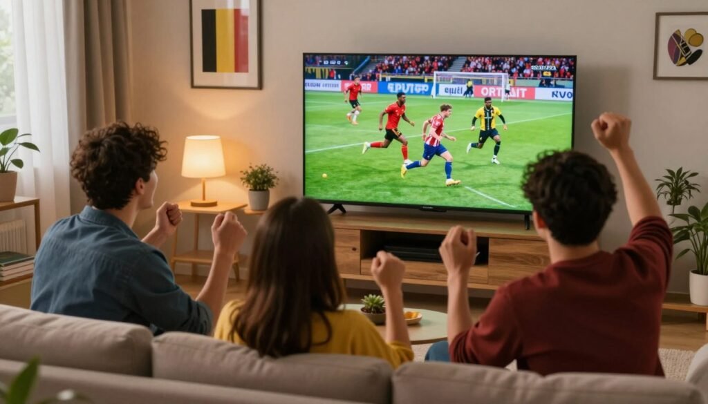 A dynamic scene depicting a cozy living room where a group of friends is enjoying a sports game via IPTV. In the foreground, three friends, dressed in casual yet neat attire, are sitting together on a comfortable couch, displaying excitement and enthusiasm as they watch the match on a large, modern television screen. In the middle ground, the TV is showing a vibrant football game, complete with players in action, adorned in the colorful jerseys of their teams. In the background, soft lighting creates a warm and inviting atmosphere, with sports memorabilia decorating the walls. The overall mood is lively and engaging, conveying the benefits of IPTV for sports enthusiasts in Belgium, showcasing the joy of watching games together. A dynamic scene depicting a cozy living room where a group of friends is enjoying a sports game via IPTV. In the foreground, three friends, dressed in casual yet neat attire, are sitting together on a comfortable couch, displaying excitement and enthusiasm as they watch the match on a large, modern television screen. In the middle ground, the TV is showing a vibrant football game, complete with players in action, adorned in the colorful jerseys of their teams. In the background, soft lighting creates a warm and inviting atmosphere, with sports memorabilia decorating the walls. The overall mood is lively and engaging, conveying the benefits of IPTV for sports enthusiasts in Belgium, showcasing the joy of watching games together.