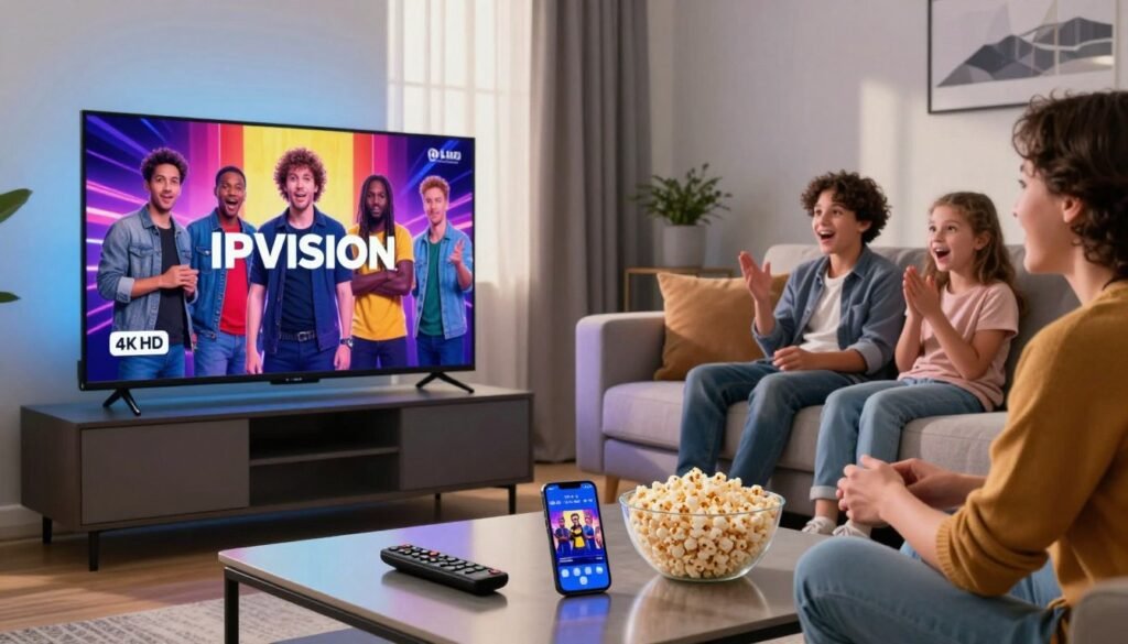 A modern living room featuring a sleek smart television showcasing the IPVision logo prominently, illuminating the space with vibrant colors from a 4K HD broadcast of a popular Belgian show. In the foreground, a stylish coffee table is adorned with remote controls, popcorn, and a smartphone streaming additional content. In the middle, a cozy sofa is occupied by a casually dressed family enjoying the immersive viewing experience, their expressions filled with excitement and engagement. The background reveals a window with soft, natural light filtering in, creating a warm and inviting atmosphere. The overall mood is one of leisure and enjoyment, capturing the essence of premium IPTV entertainment in Belgium. A modern living room featuring a sleek smart television showcasing the IPVision logo prominently, illuminating the space with vibrant colors from a 4K HD broadcast of a popular Belgian show. In the foreground, a stylish coffee table is adorned with remote controls, popcorn, and a smartphone streaming additional content. In the middle, a cozy sofa is occupied by a casually dressed family enjoying the immersive viewing experience, their expressions filled with excitement and engagement. The background reveals a window with soft, natural light filtering in, creating a warm and inviting atmosphere. The overall mood is one of leisure and enjoyment, capturing the essence of premium IPTV entertainment in Belgium.