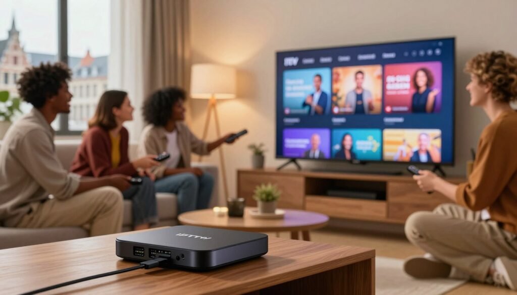 A modern living room setting illuminated with soft, warm lighting, featuring a large flat-screen TV displaying vibrant streaming content. In the foreground, a sleek IPTV box with visible connection ports sits stylishly on a wooden media console. In the middle, a diverse group of four individuals, dressed in smart-casual attire, enthusiastically interact with the TV remote, exuding joy and engagement. The background showcases cityscape windows with a view of iconic Belgian architecture, hinting at a vibrant urban lifestyle. The overall atmosphere is inviting and contemporary, blending technology and social interaction seamlessly, reflecting the advantages of IPTV and streaming in Belgium in 2026, emphasizing accessibility and enjoyment of entertainment. A modern living room setting illuminated with soft, warm lighting, featuring a large flat-screen TV displaying vibrant streaming content. In the foreground, a sleek IPTV box with visible connection ports sits stylishly on a wooden media console. In the middle, a diverse group of four individuals, dressed in smart-casual attire, enthusiastically interact with the TV remote, exuding joy and engagement. The background showcases cityscape windows with a view of iconic Belgian architecture, hinting at a vibrant urban lifestyle. The overall atmosphere is inviting and contemporary, blending technology and social interaction seamlessly, reflecting the advantages of IPTV and streaming in Belgium in 2026, emphasizing accessibility and enjoyment of entertainment.