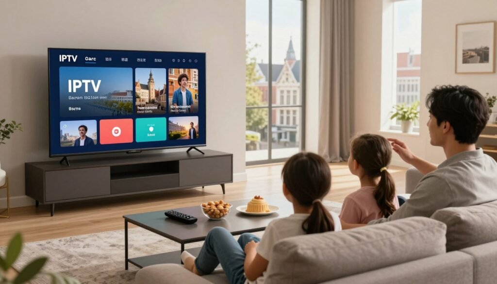 A modern living room setting with a sleek, flat-screen TV displaying high-definition content, showcasing IPTV services. In the foreground, a family of four sits together on a stylish sofa, discussing their viewing options, dressed in casual yet neat clothing. The middle ground features a coffee table with snacks and a smart remote control, hinting at a relaxing streaming experience. In the background, large windows provide a sunlit view of a Belgian cityscape, with recognizable landmarks. Warm and inviting lighting enhances the cozy atmosphere, creating a sense of enjoyment and togetherness. The overall mood reflects excitement and ease of access to advanced streaming technology, emphasizing family bonding through entertainment. A modern living room setting with a sleek, flat-screen TV displaying high-definition content, showcasing IPTV services. In the foreground, a family of four sits together on a stylish sofa, discussing their viewing options, dressed in casual yet neat clothing. The middle ground features a coffee table with snacks and a smart remote control, hinting at a relaxing streaming experience. In the background, large windows provide a sunlit view of a Belgian cityscape, with recognizable landmarks. Warm and inviting lighting enhances the cozy atmosphere, creating a sense of enjoyment and togetherness. The overall mood reflects excitement and ease of access to advanced streaming technology, emphasizing family bonding through entertainment.