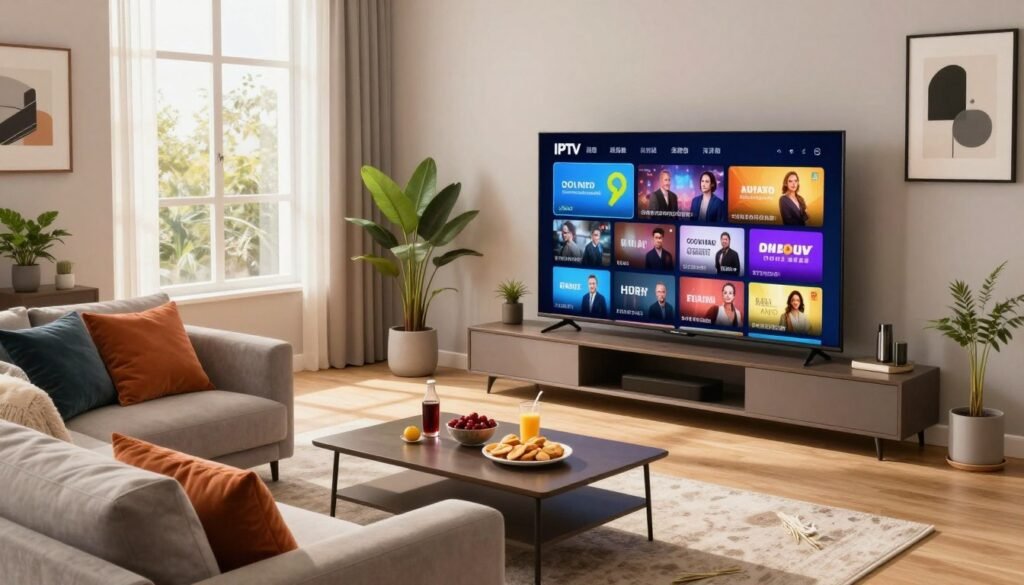 A modern, sleek living room with a large flat-screen TV displaying vibrant IPTV channels in a variety of genres. In the foreground, a comfortable sofa adorned with colorful cushions invites viewers to sit back and enjoy. A window in the background allows soft, warm sunlight to pour in, creating a cozy atmosphere. On a coffee table, snacks and drinks are artfully arranged, enhancing the scene of relaxation and entertainment. Subtle decorations, like stylish plants and elegant wall art, add a touch of sophistication to the room. The overall mood is inviting and lively, embodying the excitement of unlimited entertainment possibilities. The image is taken from a slightly elevated angle to showcase the entire setup clearly. A modern, sleek living room with a large flat-screen TV displaying vibrant IPTV channels in a variety of genres. In the foreground, a comfortable sofa adorned with colorful cushions invites viewers to sit back and enjoy. A window in the background allows soft, warm sunlight to pour in, creating a cozy atmosphere. On a coffee table, snacks and drinks are artfully arranged, enhancing the scene of relaxation and entertainment. Subtle decorations, like stylish plants and elegant wall art, add a touch of sophistication to the room. The overall mood is inviting and lively, embodying the excitement of unlimited entertainment possibilities. The image is taken from a slightly elevated angle to showcase the entire setup clearly.