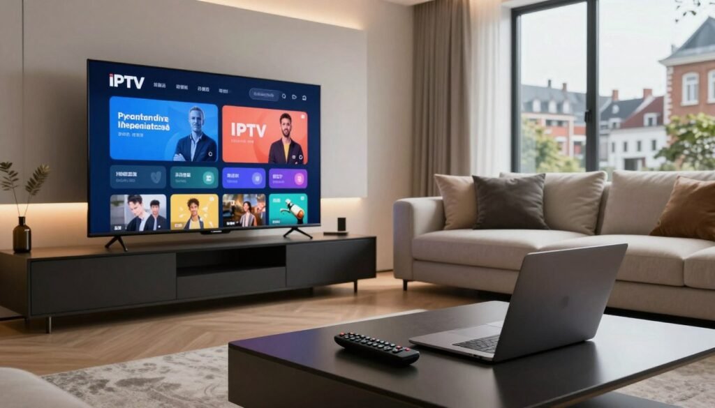 A sleek, modern living room featuring a high-definition television displaying vibrant IPTV streaming content. In the foreground, a stylish coffee table holds a remote control and a laptop, suggesting a seamless connection to premium IPTV services. The middle ground presents a comfortable sectional sofa adorned with plush pillows in neutral tones, inviting relaxation. Soft ambient lighting creates a warm, welcoming atmosphere, highlighting the contemporary decor. In the background, large windows let in natural light, showcasing a picturesque view of Belgium's urban landscape, hinting at the tech-savvy lifestyle. The overall mood is sophisticated and inviting, emphasizing the benefits of choosing a premium IPTV package for elite streaming experiences.